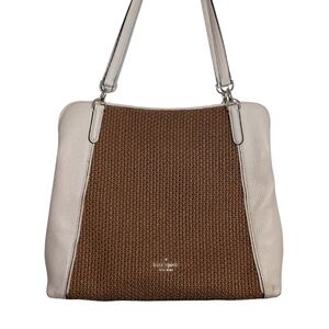 Kate Spade Woven Straw Leather Shoulder Tote Cream Brown